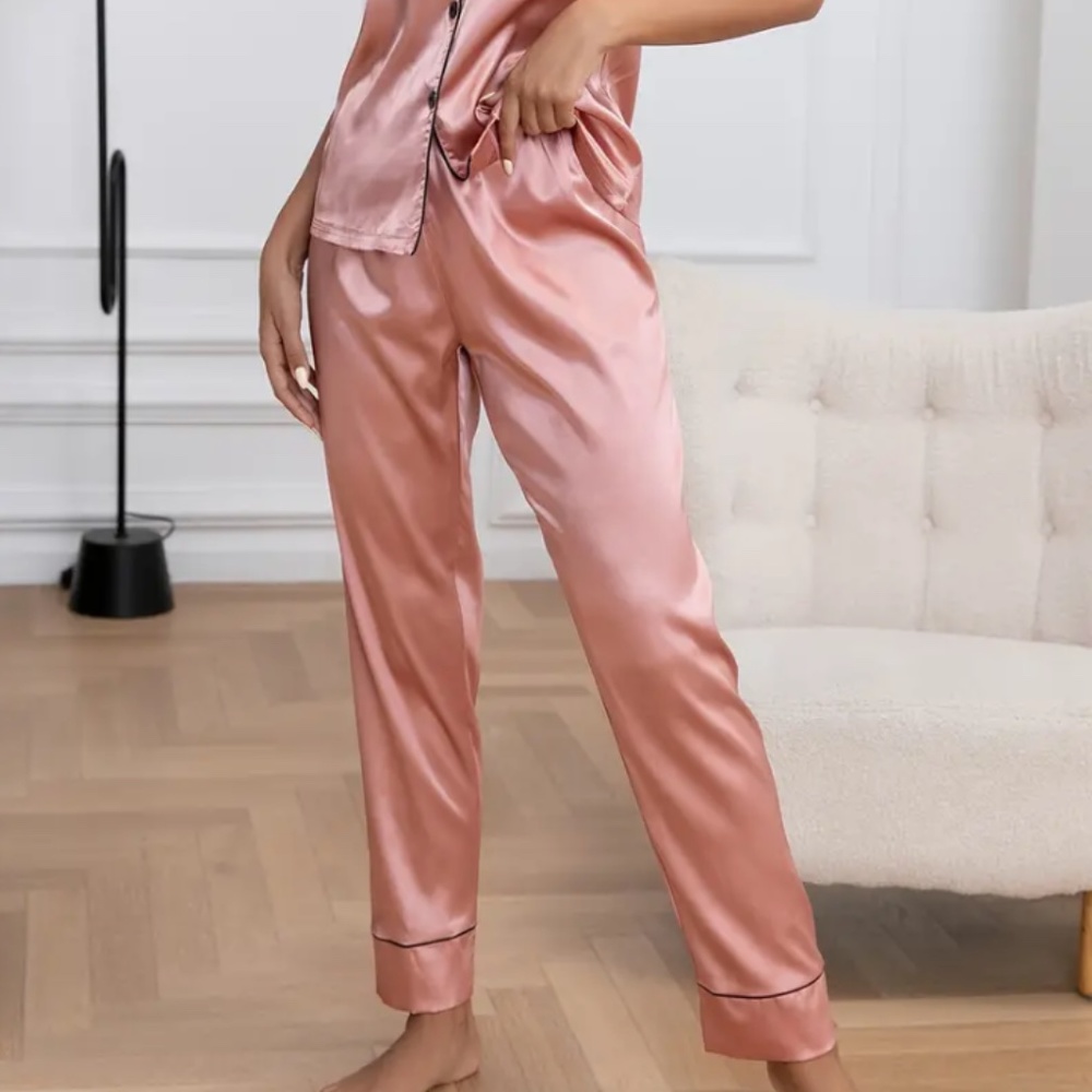 Pink Satin Pajamas Heart Embroidered Pants Set NWT - Medium Small - Picture 5 of 11
